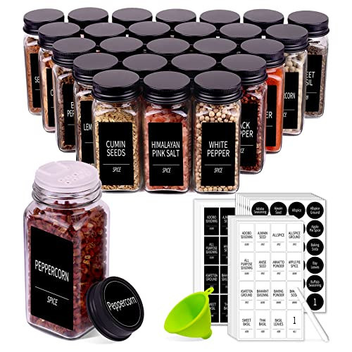 Churboro 48 Spice Jars with 547 Labels- Glass Spice Jars with Black Metal Caps, 4oz Empty Spice Containers with Shaker Lids, Funnel, Chalk Pen, Square Seasoning Bottles for Spice Rack, Drawer, Cabinet | Amazon (US)