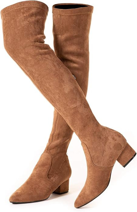 Thigh High Block Heel Boot Women Pointed Toe Stretch Over The Knee Boots | Amazon (US)