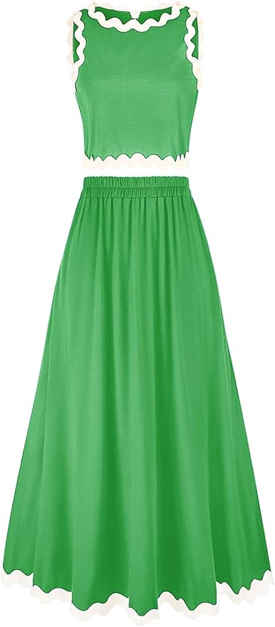 BLEVONH Womens 2 Piece Outfits Dressy Casual Summer Crop Tops Ric Rac Trim High Waisted Maxi Skir... | Amazon (US)