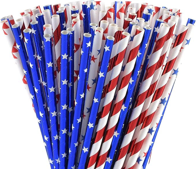 ALINK American Flag Red Blue White Paper Straws, 100 Biodegradable Straws for Memorial Day /4th o... | Amazon (US)