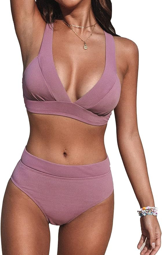 CUPSHE Women Bikini Set for Women Swimsuit High Waist V Neck Wide Straps Back Hook Removable Soft... | Amazon (US)