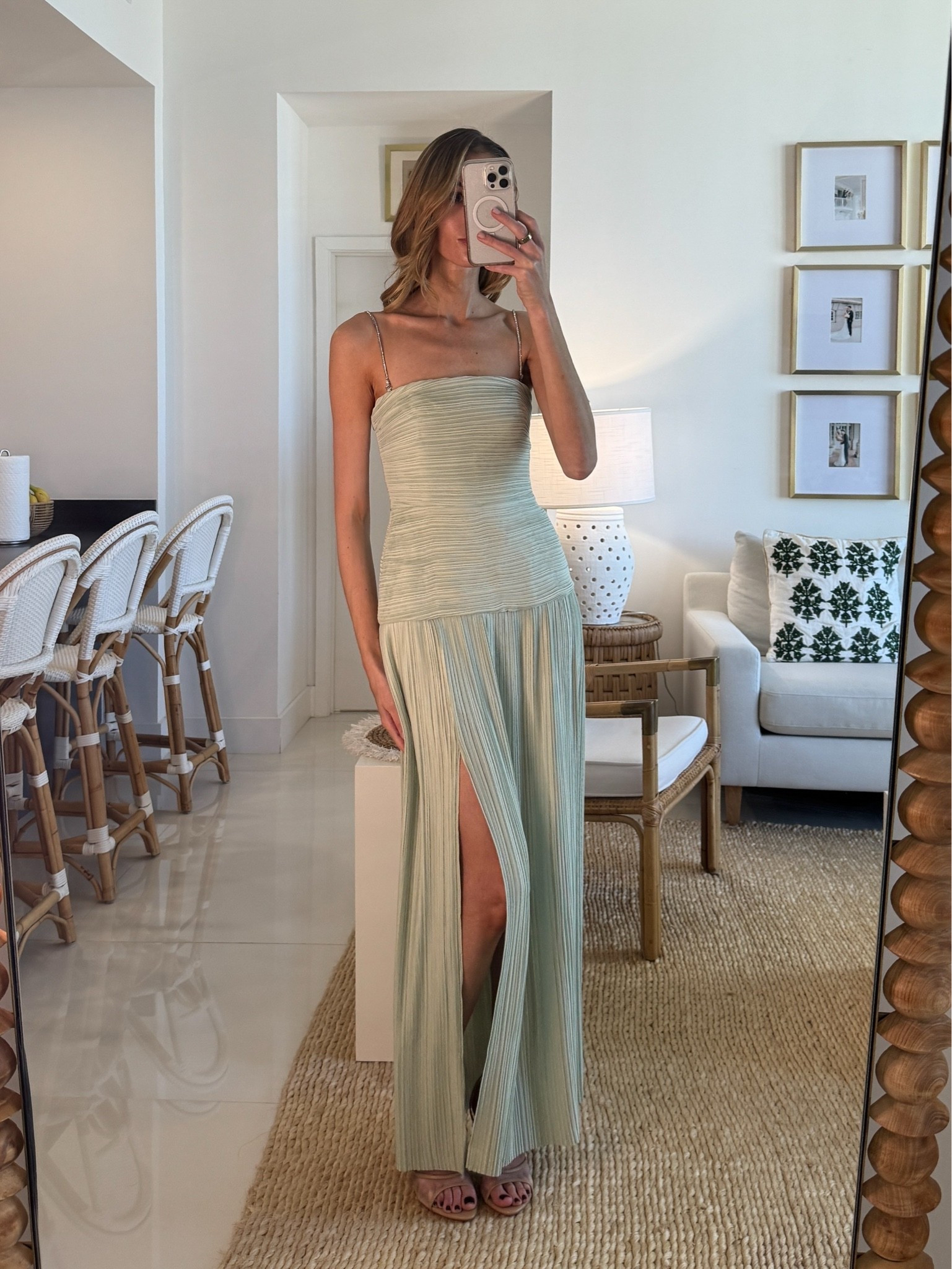 Manning Cartell Royal Debut Dress in Sage. 💫 Wearing a size S. I'm 5'10" for reference. Tags: manning cartell royal debut dress, manning cartell dress dupe, manning cartell dress dupes, sage green maxi dress, sage green formal dress, sage green wedding guest dress, sage green bridesmaid dress, sage green gala dress, pleated maxi dress, slit maxi dress, sage green evening dress, summer wedding guest dress, sage green slit dress, pleated formal dress, chain strap maxi dress, sage green evening gown