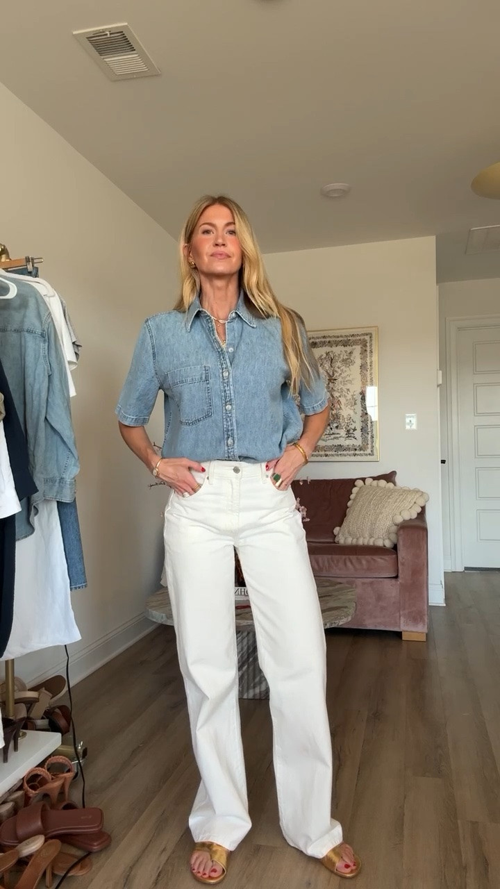 Denim top + white denim currently on sale! 
Top: runs oversized wearing size small 
Denim: run TTS, wearing size 25

#LTKootd #LTKSeasonal #LTKSaleAlert