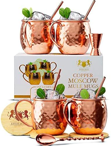 [-GIFT SET-] Moscow Mule Copper Mugs Set Of 4 Pure Copper 100% Copper Cups 16 Oz + | SHOT GLASS| ... | Amazon (US)