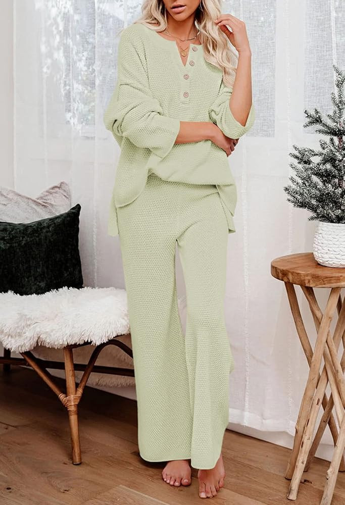 Viottiset Women's 2 Piece Outfits Sweatsuit Knit Long Sleeve Sweater Wide Leg Pants Loungewear | Amazon (US)