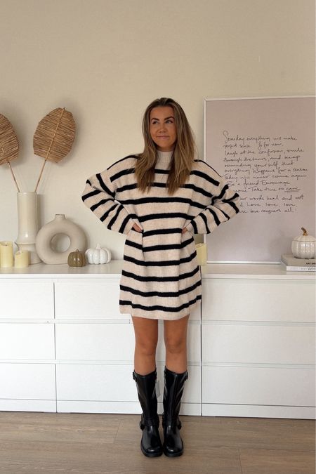 Stripe knitted dress with knee high biker boots from H&M 