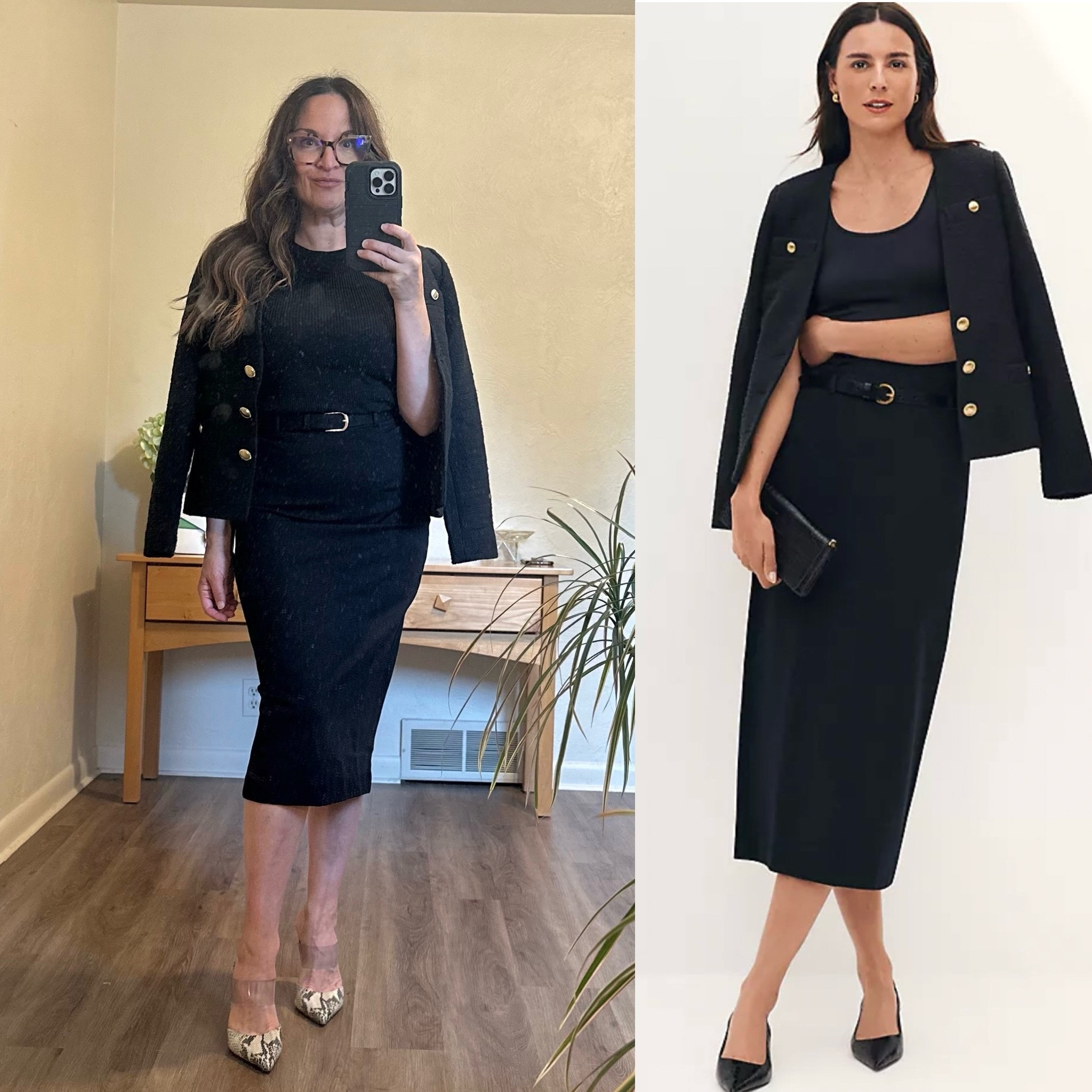 Here’s another compare and contrast the stock photo vs. myself here so you can really get an idea of how Ann Taylor Petites fit. This pencil skirt and jacket fit me perfectly!! This is so exciting! 

I absolutely love this outfit! Perfectly versatile. The skirt is so comfortable with a really nice stretch of a rayon, nylon, spandex blend. It is more fitted on me than in the stock photo but I love this. This tweed jacket has a great fit and is a classic piece to add to your fall closet. Wear it with jeans, trousers, skirts etc.

Me: Age 52, 5’1”, 118 lbs. I typically wear 0-2, XS-Small. Size 6 shoes. 
This skirt is Petite O and Jacket is Petite 0. Shoes are my own by Schutz that I have had a few years so I added on a couple of their newer styles here that I think would work well (btw, Schutz shoes are some of the best and well-made shoes out there - mine being three years old are still like new and I wear them a lot).

#agelesspetitestyle #petitestyle  #ageless #over50 #over40 
#tweedjacket #anntaylor #schutz 

#LTKWorkwear #LTKOver40 #LTKShoeCrush