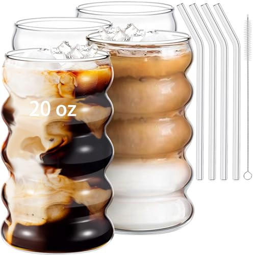 Ework4U 4 Pcs 20oz Drinking Glasses Set with Straws, Cute Iced Coffee Glass Cups, Iced Coffee Tumblers, Thick Drinking Jars for Smoothie, Boba Milk Tea, Ideal for Gift, with Straw Brush | Amazon (US)
