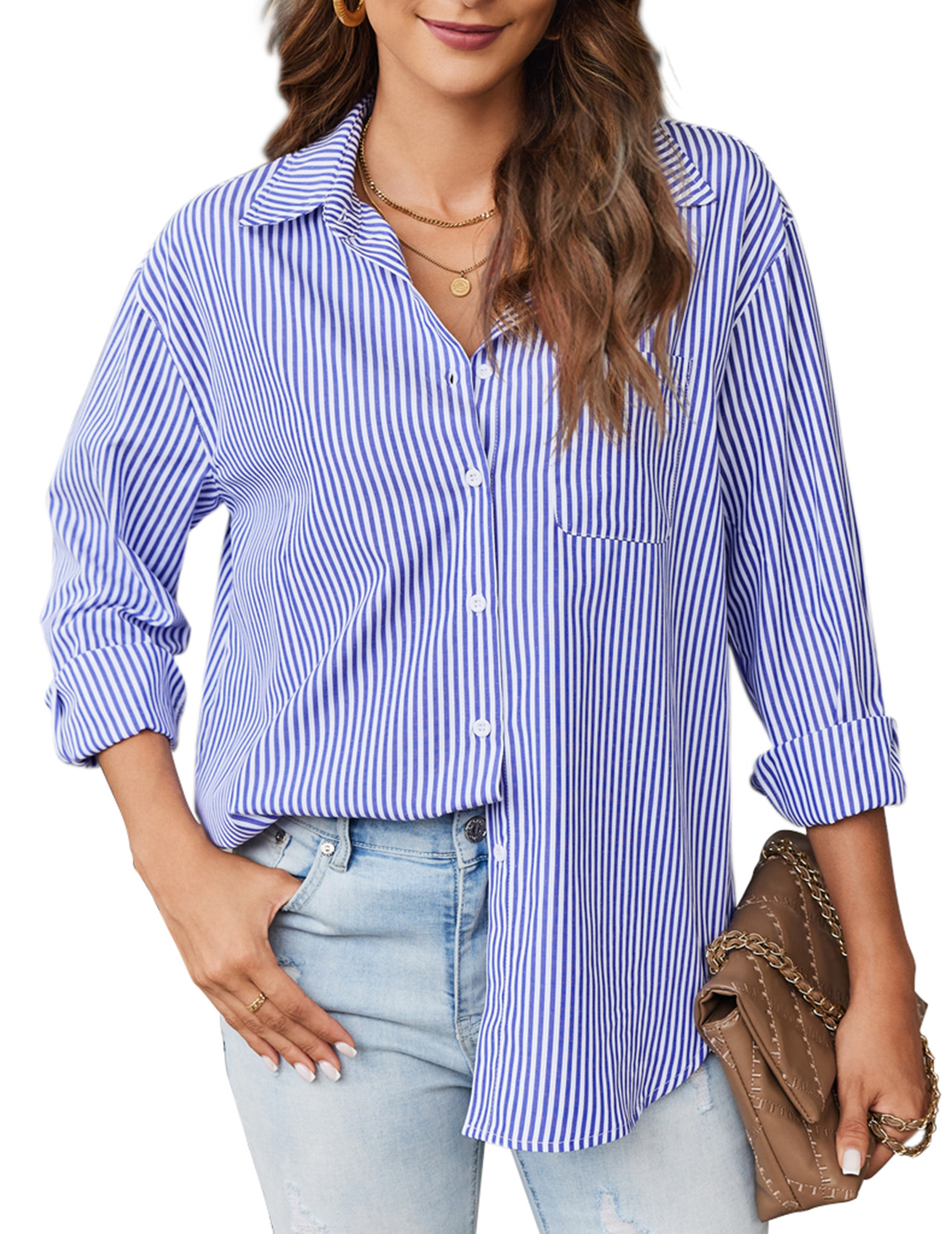 Wataxii Womens Button Down Shirts Striped Classic Long Sleeve Collared Office Work Blouses Tops w... | Walmart (US)