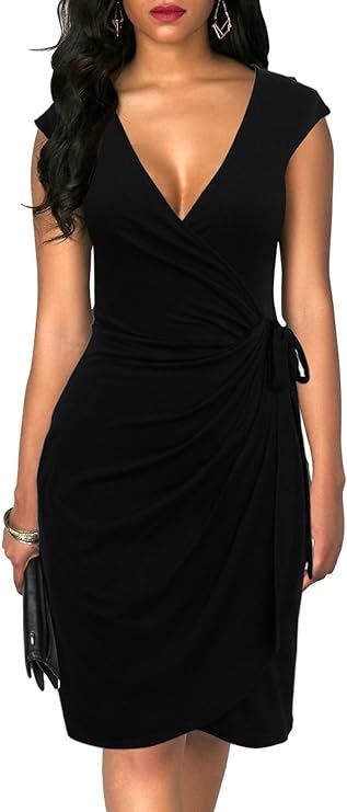 Berydress Women's Vintage V-Neck Sheath Casual Party Work Faux Black Wrap Dress | Amazon (US)