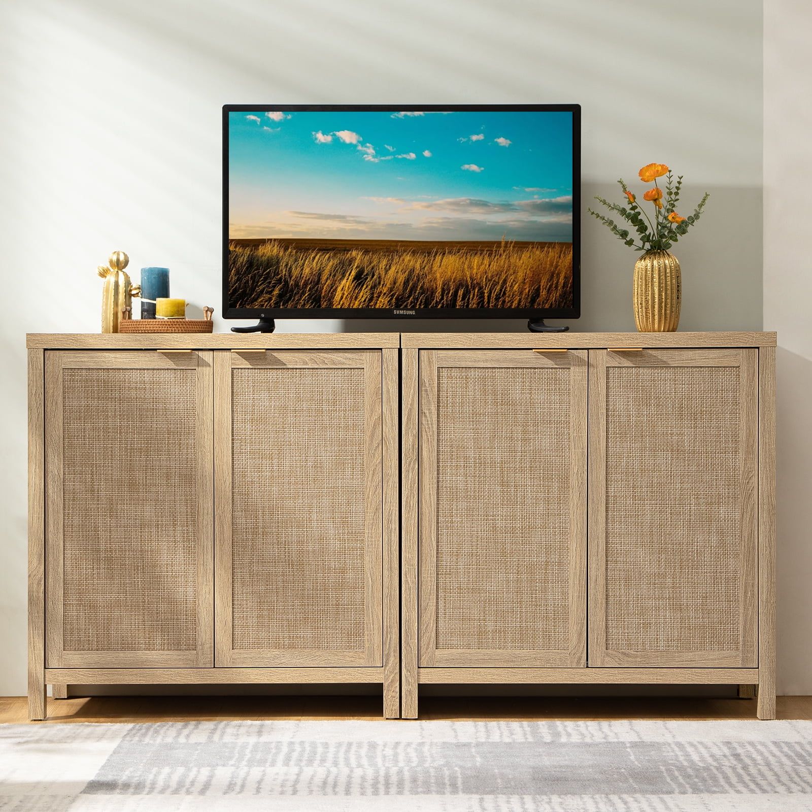 SICOTAS Rattan Sideboard Buffet Cabinet Set of 2, Natural Kitchen Cupboard Farmhouse Sideboard St... | Walmart (US)