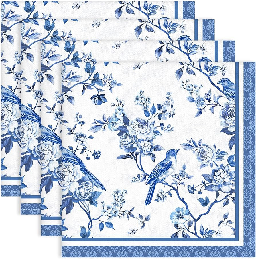 Bird Flower Napkins, 18×18 Inch Blue Branch Dinner Cloth Napkins Set of 4, Washable Cotton Soft ... | Amazon (US)