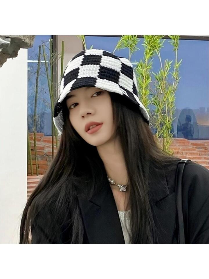 1pc Women Checkered Pattern Boho Straw Hat For Summer | SHEIN