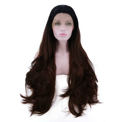 Unique Bargains Women's Long Natural Curly Lace Front Wigs with Wig Cap 24" Black Gradient Dark Brown 1PC | Target