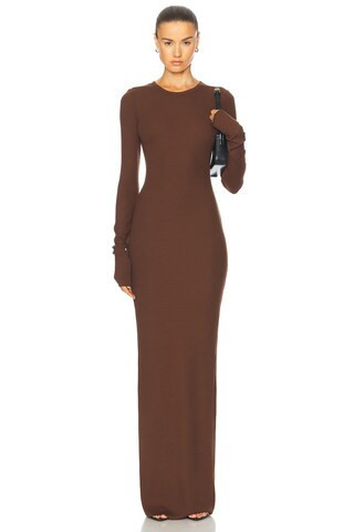 Eterne Long Sleeve Crewneck Maxi Dress in Chocolate | FWRD 