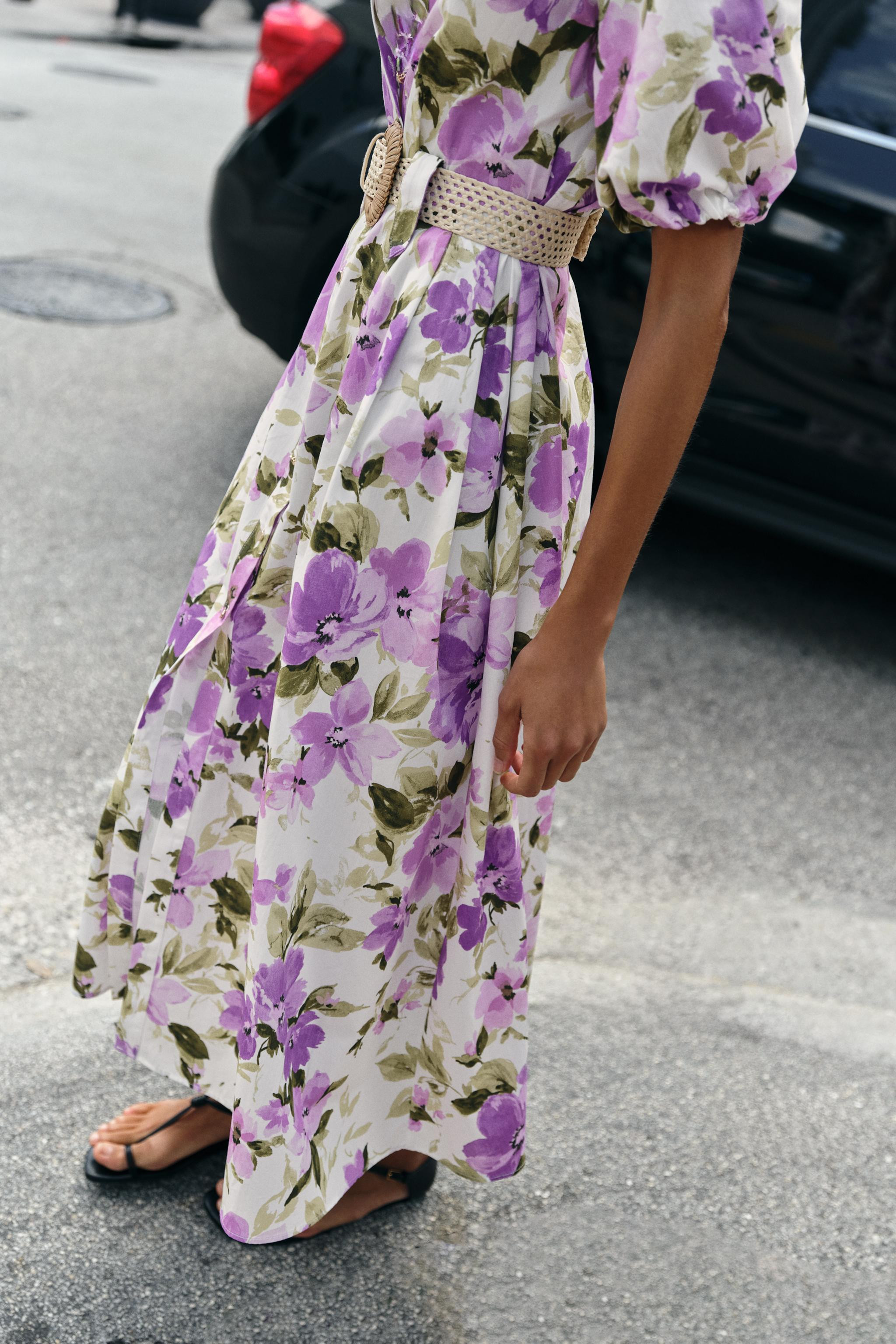 FLORAL PRINT BELTED MIDI DRESS | Zara US
