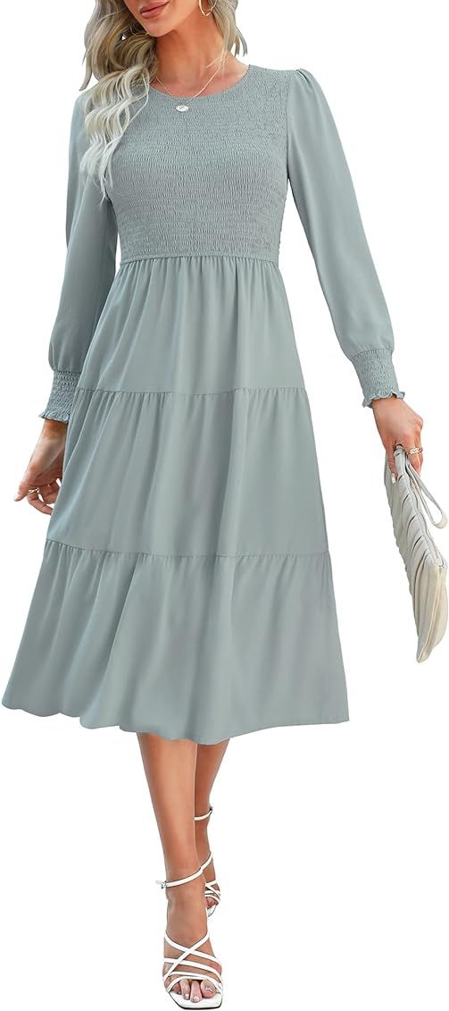 Zattcas Women Long Sleeve Fall Dress Smocked Bodice and Cuffs Swiss Dot Crewneck Tiered Modest Ca... | Amazon (US)