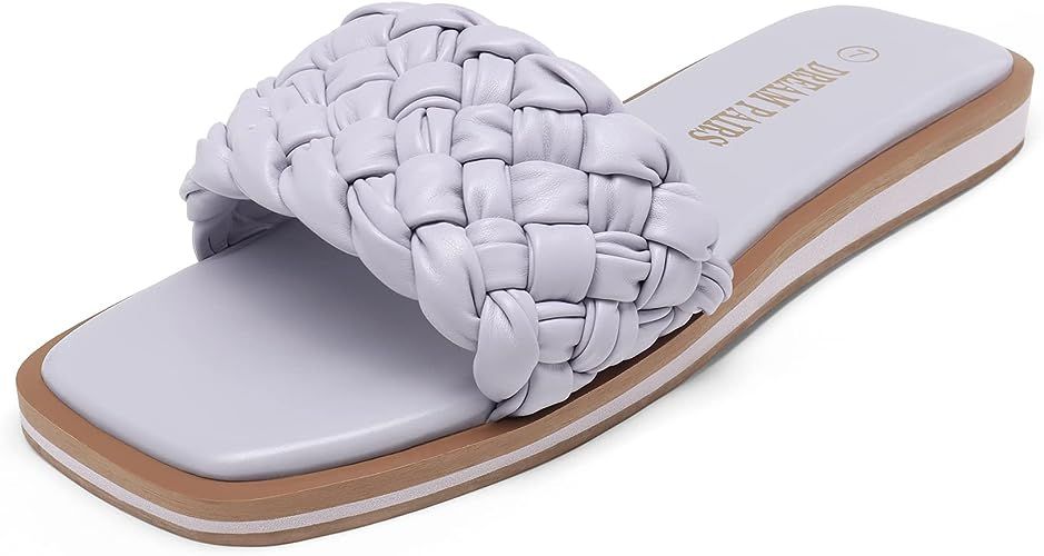 DREAM PAIRS Women's Square Open Toe Slide Sandals Cute Slip on Braided Strap Rhinestone Flat Sand... | Amazon (US)