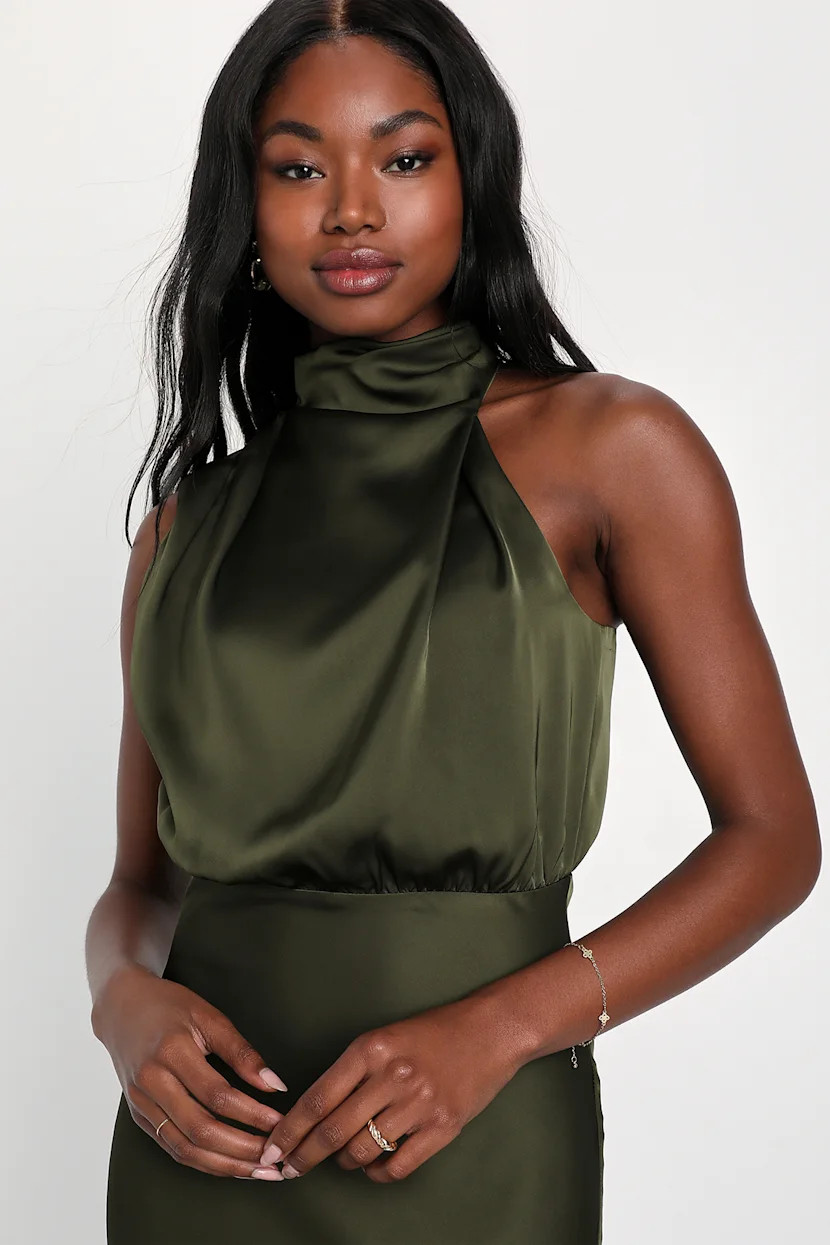 Distinctive Charm Olive Green Satin Asymmetrical Midi Dress | Lulus (US)