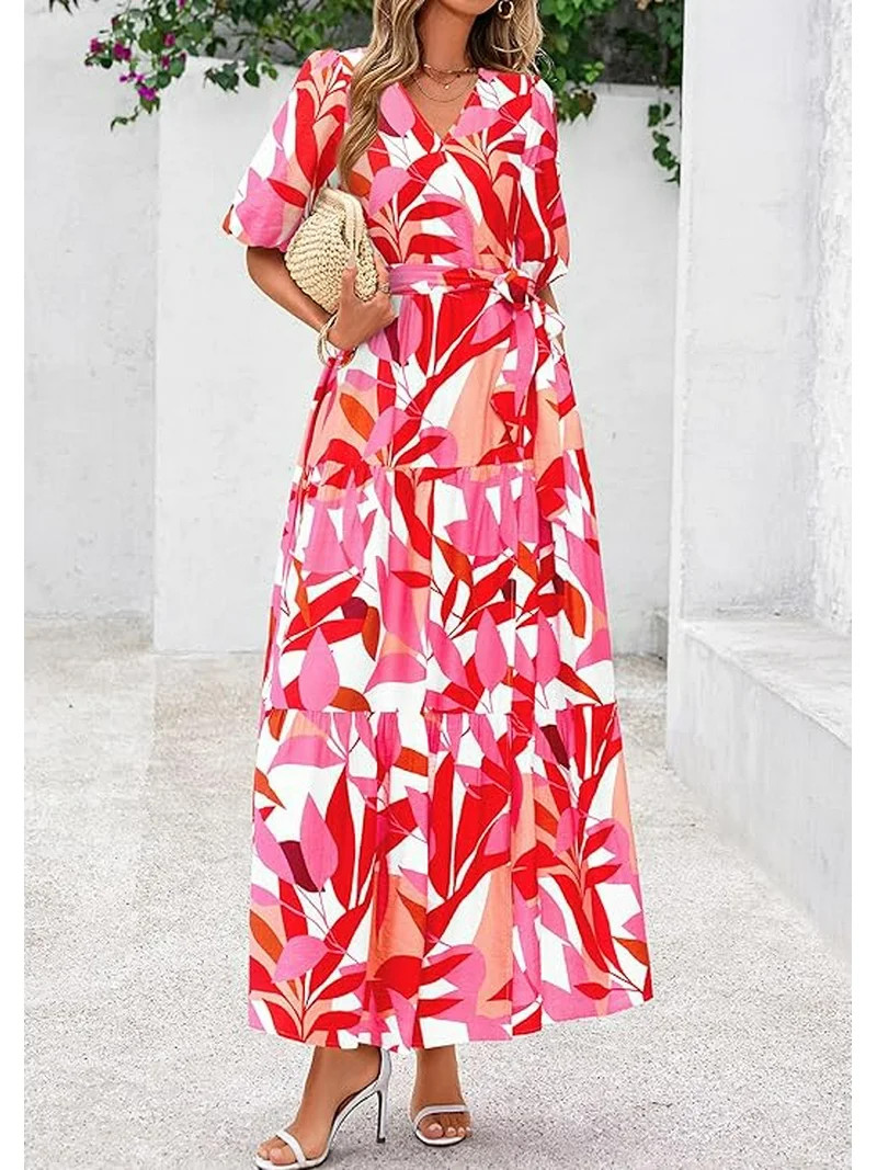 PRETTYGARDEN Women's Summer Maxi Dress Resort Wear Boho Floral V Neck Puff Short Sleeve Ruffle Fl... | Walmart (US)