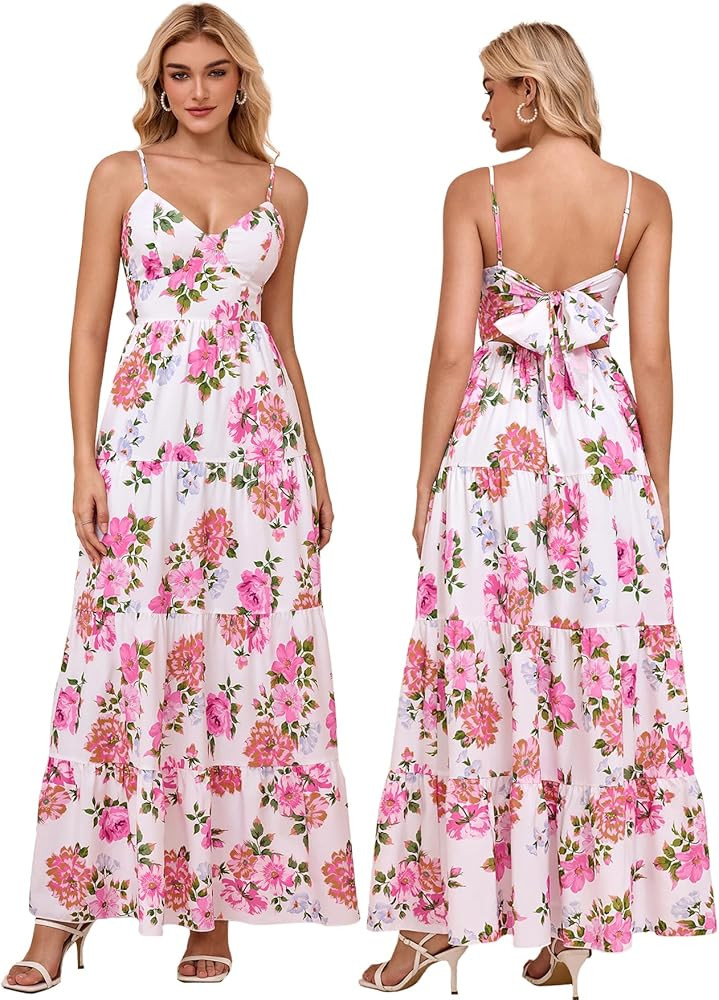 HTZMO Women Casual Summer Floral Maxi Sundress V Neck Spaghetti Strap Bow Tie Backless Flowy Boho... | Amazon (US)