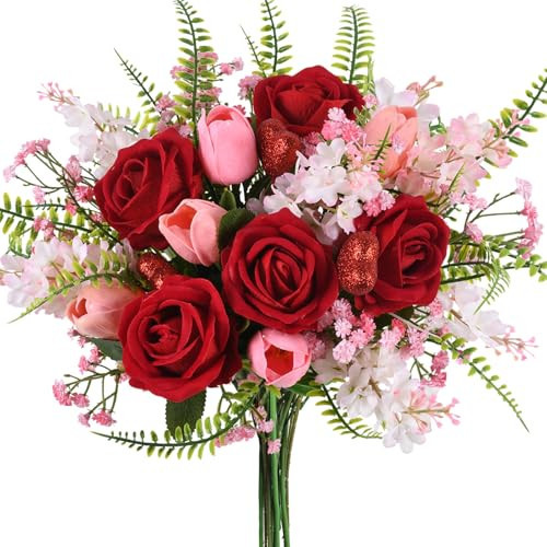 GYWJJ Valentines Day Decorations Artificial Valentine Day Flower Bouquet Red Silk Roses with Heart Faux Tulip Flowers Spring Floral Arrangement for Home Wedding Table Centerpiece Party Decor (13.67") | Amazon (US)