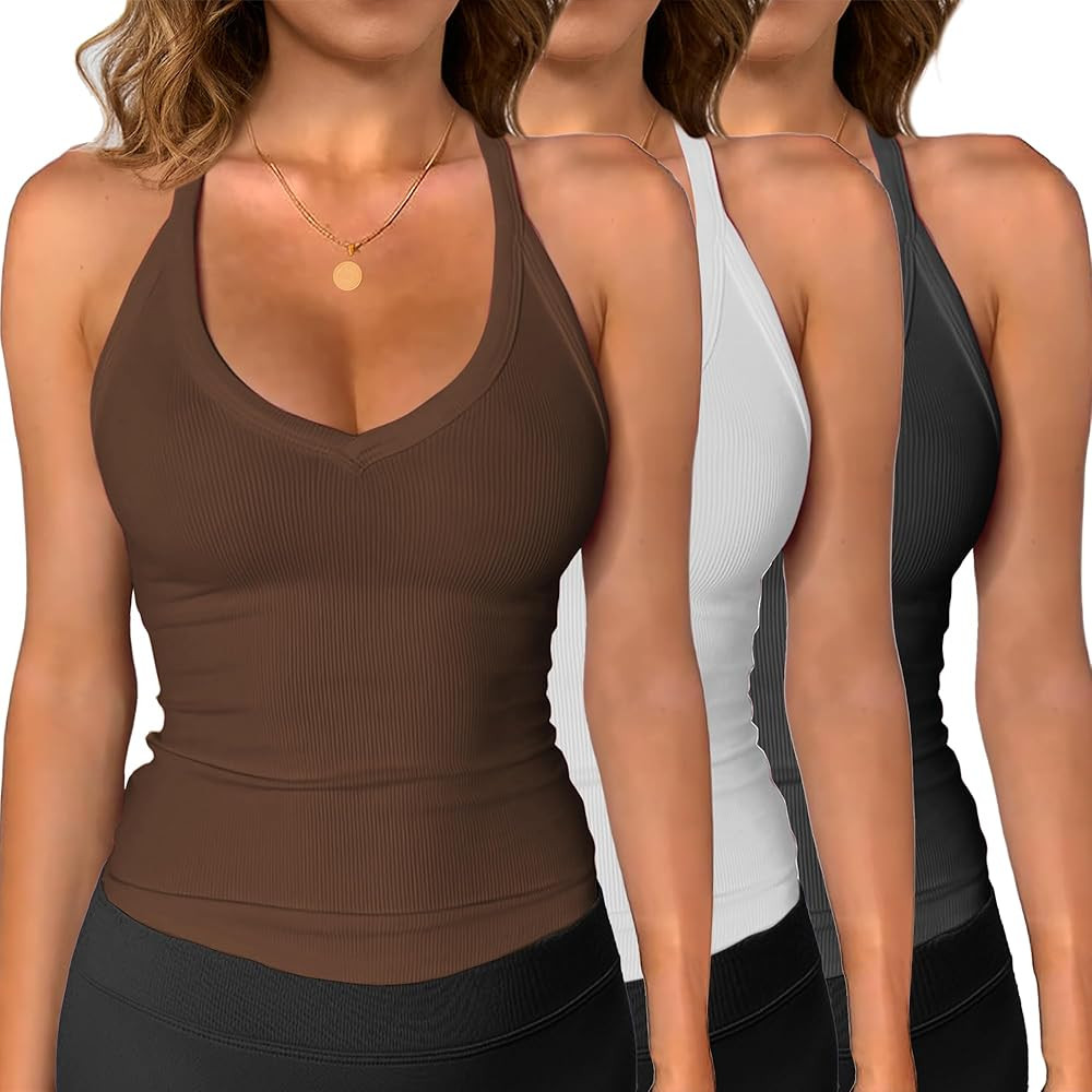 iGENJUN 3 Pack Workout Tops for Women Racerback Basic Tank Summer 2025 Camisole V Neck Slim Fit R... | Amazon (US)