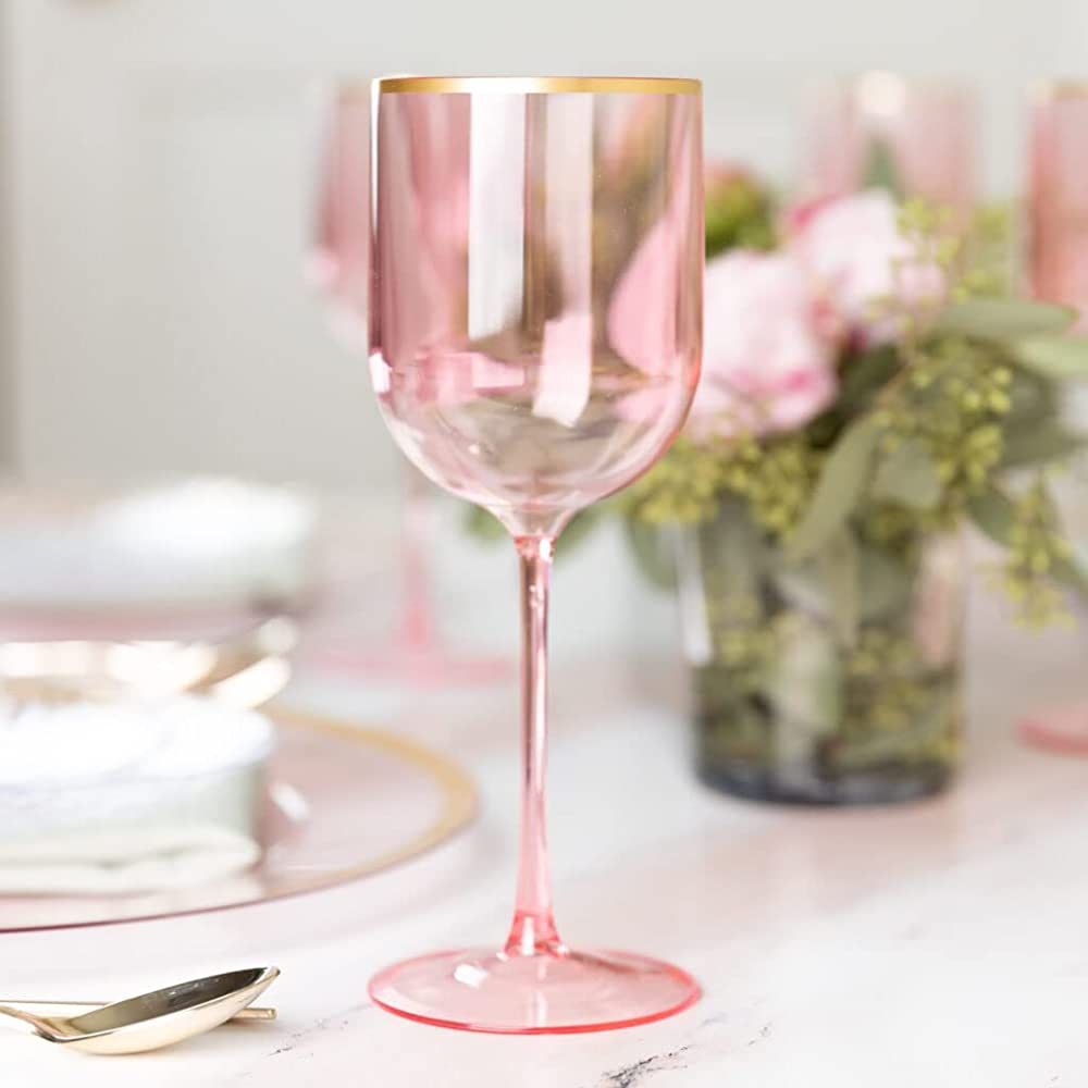 [12 Oz - 5 pk Pink] Plastic Pink W Gold Rim Stemmed Goblets Wine Glasses BPA Free 12 Oz Disposabl... | Amazon (US)