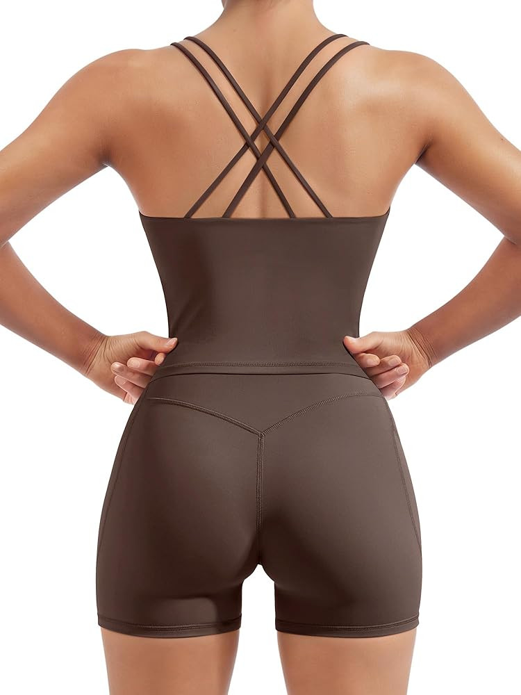 SUUKSESS Women 2 Piece Workout Sets Padded Low Impact Yoga Tops High Waisted Biker Shorts with Po... | Amazon (US)