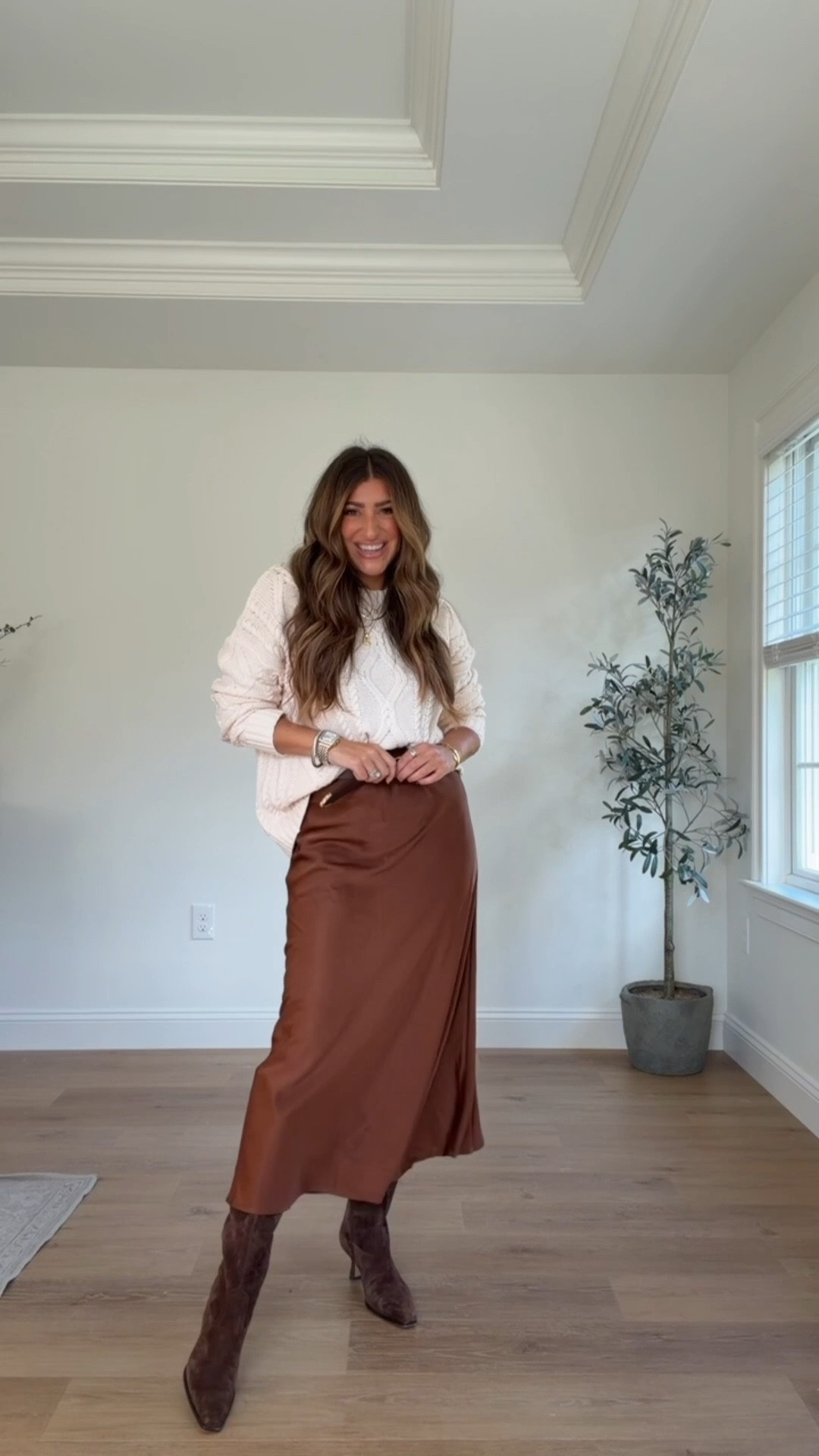 Silk slip skirt outfit for fall. Love this! Meds. 
Fall outfit. Thanksgiving outfit idea, fall family photo outfit.

#LTKFamily #LTKWorkwear #LTKStyleTip