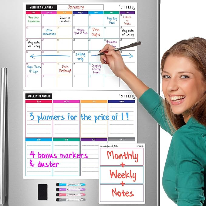 STYLIO Dry Erase Calendar Whiteboard. Set of 3 Magnetic Calendars for Refrigerator: Monthly, Week... | Amazon (US)