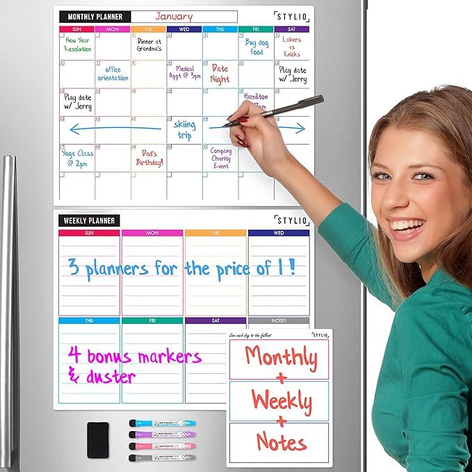STYLIO Dry Erase Calendar Whiteboard. Set of 3 Magnetic Calendars for Refrigerator: Monthly, Week... | Amazon (US)