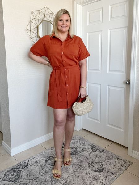 Burnt orange tie waist button up dress in size large. Raffia sandals fit true to size, raffia handbag. Summer outfit. Spring outfit  

#LTKover40 #LTKtravel #LTKmidsize