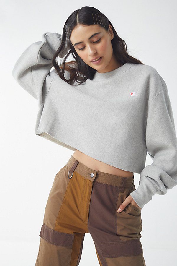 Champion & UO Crew-Neck Cropped Sweatshirt - Grey XS at Urban Outfitters | Urban Outfitters (US and RoW)