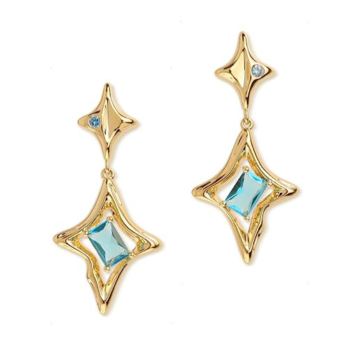Sonateomber Gold Star Drop Dangle Earrings for Women Sparkly Teal Blue Aquamarine Topaz Rhinestone CZ Crystal Lucky Four-point Star Dangling Stud Fashion Wedding Prom Birthday Accessories Jewelry Gift | Amazon (US)