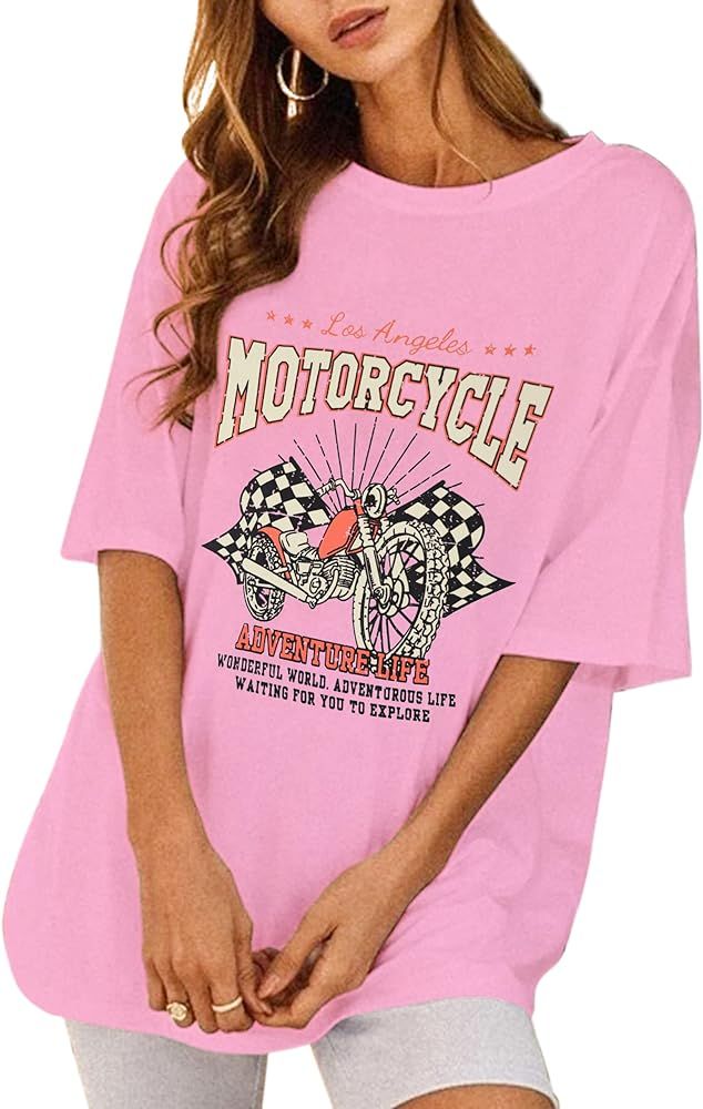 SAFRISIOR Women Vintage Motorcycle Print Graphic T-Shirt Short Sleeve Round Neck Casual Oversized Te | Amazon (US)