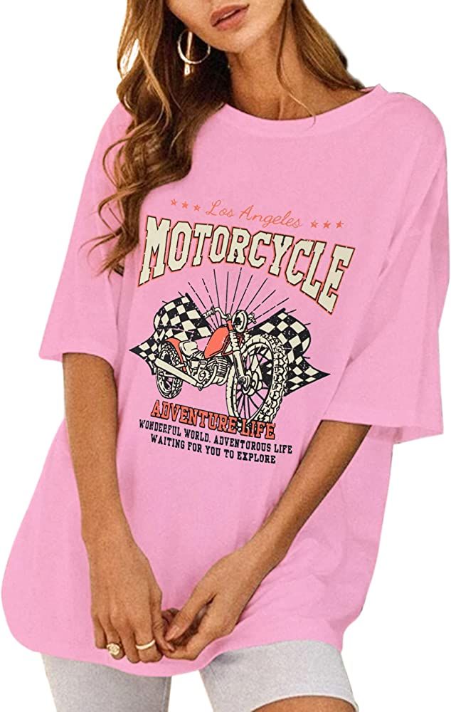 SAFRISIOR Women Vintage Motorcycle Print Graphic T-Shirt Short Sleeve Round Neck Casual Oversized Te | Amazon (US)