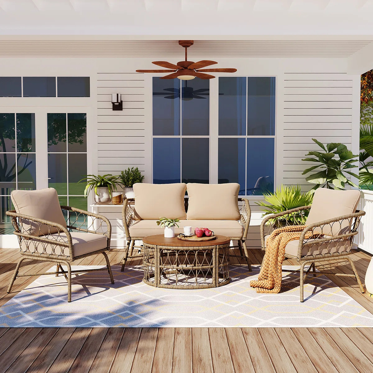 Noralf Wicker 4 - Person Patio Conversation Set with Cushions | Wayfair North America