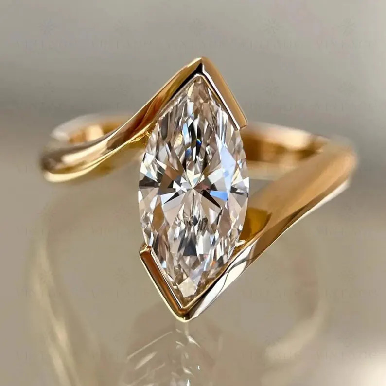 Half Bezel Set 2.50 CT Marquise Cut Moissanite Engagement Ring, Bypass Ring 18K Gold Marquise Sol... | Etsy (US)