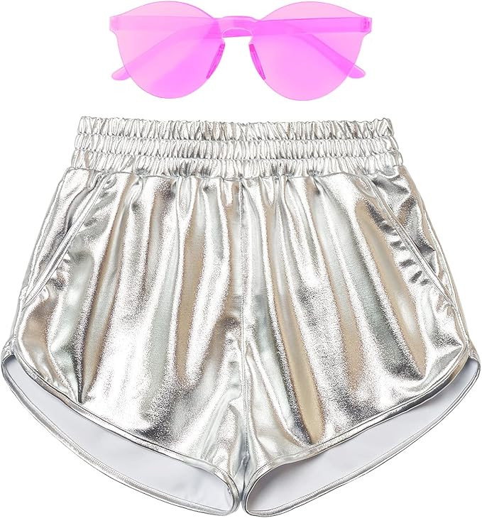 Mirawise Women's Metallic Shorts Summer Yoga Hot Shiny Sparkly Outfit Short Pants with Sunglasses | Amazon (US)
