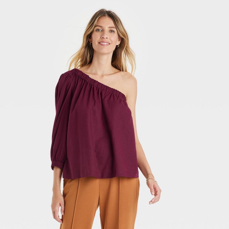 Women&#39;s Puff Long Sleeve One Shoulder Top - A New Day&#8482; Burgundy XS | Target
