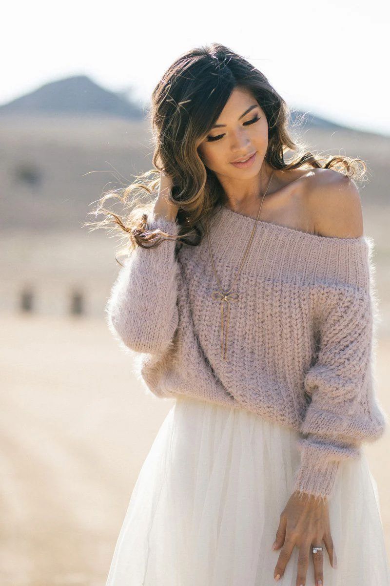 Demi Off the Shoulder Eyelash Knit Sweater | Morning Lavender