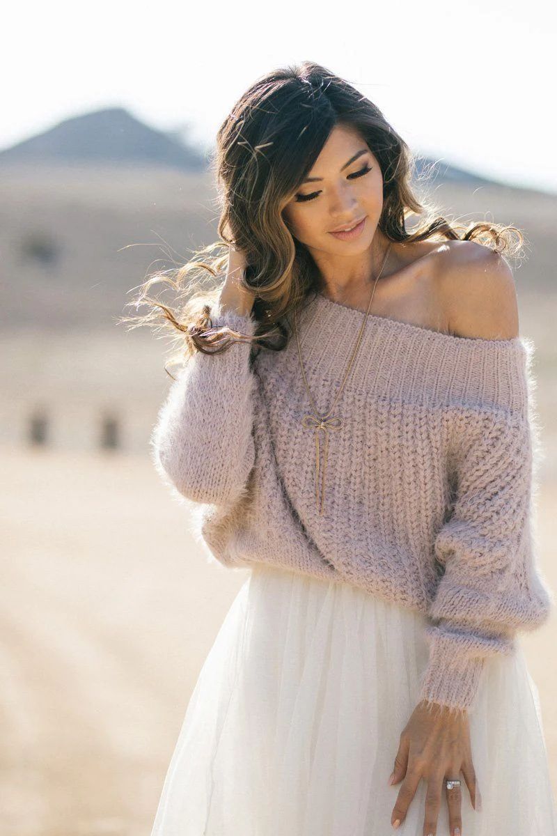 Demi Off the Shoulder Eyelash Knit Sweater | Morning Lavender