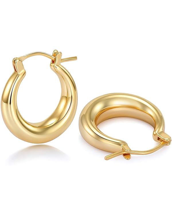 sovesi Chunky Gold Hoop Earrings for Women with 925 Sterling Silver Post, 14K Gold Plated Hoops E... | Amazon (US)