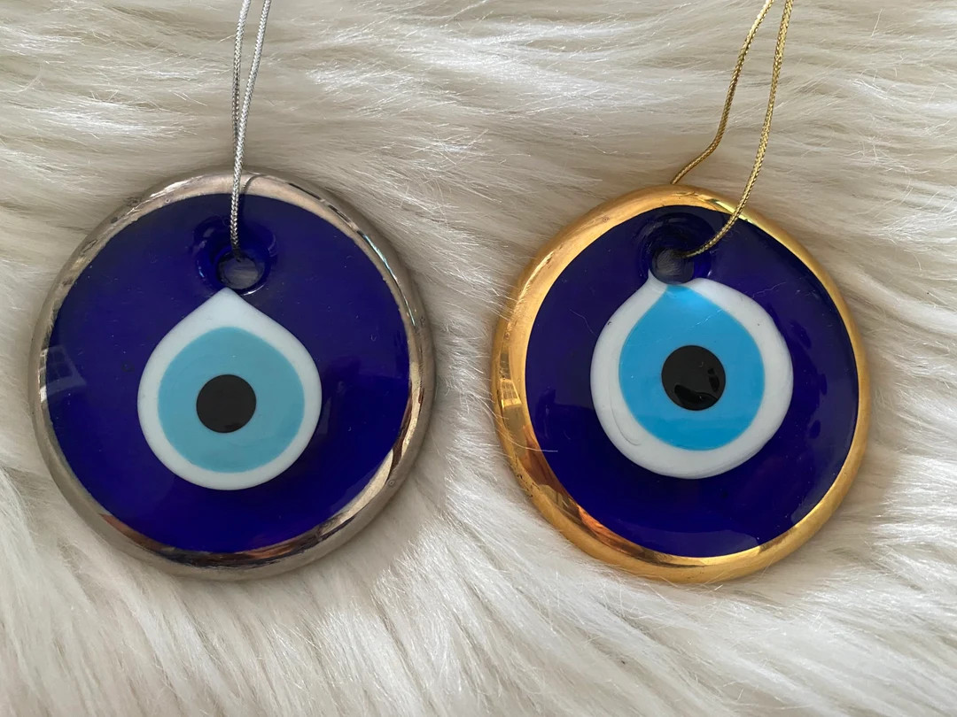 Evil Eye 6.5 Cms Blue Glass With Gold or Silver Trim Greek Mati Turkish Nazar Wall Hanging Decor ... | Etsy (US)