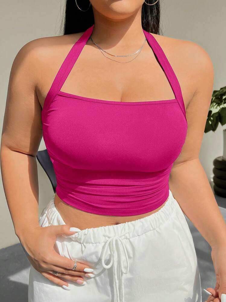 SHEIN EZwear Plus Size Solid Color Fashionable Halter Chiffon Tank Top With Ruched Waist | SHEIN
