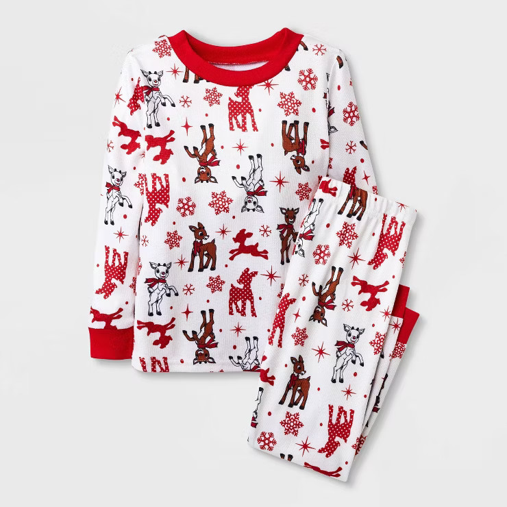 Toddler 2pc Rudolph the Red-Nosed Reindeer Hacci Snug Fit Pajama Set - White/Red | Target