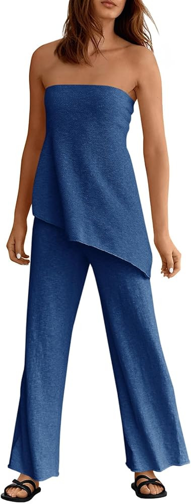 Tankaneo Womens 2 Piece Outfits Asymmetrical Tube Top Wide Leg Pants Knit Vacation Travel 2026 Ma... | Amazon (US)