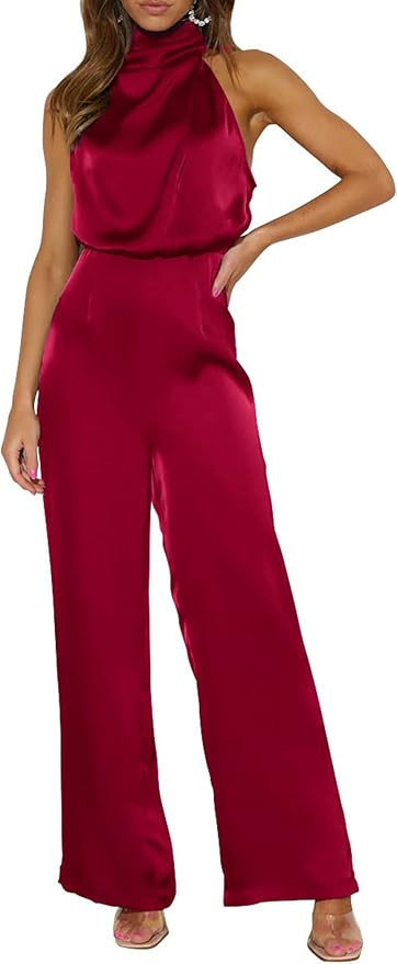 PRETTYGARDEN Women's Satin Jumpsuits 2023 Summer One Piece Outfits Mock Neck Sleeveless Wide Leg ... | Amazon (US)