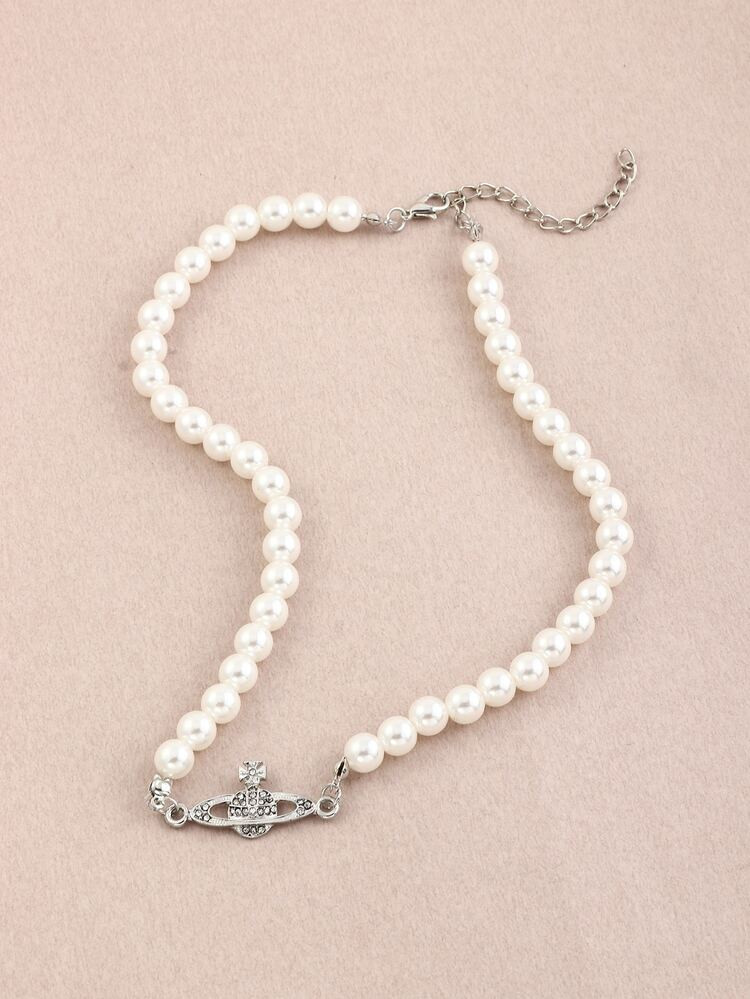 Rhinestone Planet Charm Faux Pearl Beaded Necklace | SHEIN
